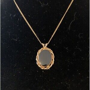 Vintage DEC 14K GF Black Onyx Oval Pendant Necklace 17” Gold Filled